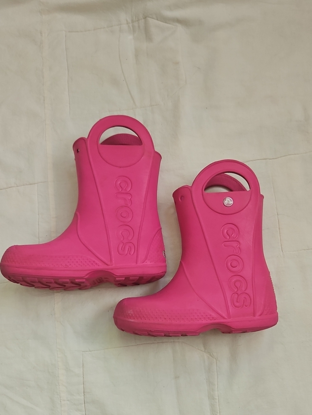 CROCS Girls Size J1 Mid Calf Waterproof Hot Pink Handle Rain Boots